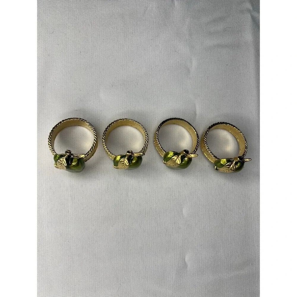 Set of 4 Vintage Green Apple Enamel Gold Tone Napkin Rings Fall Table Decor